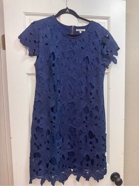 EZRA Blue Floral Crochet Lace Shift Dress Size Large